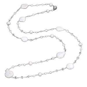 42" White Keshi & Cultured Pearl Necklace – CZ Chain & 18K Gold Clasp
